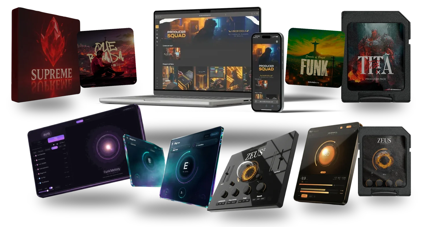 Tudo que entra: a área de membros da Producer Squad no notebook e no celular, os plugins aura, KingTune, Zeus 2, ego e Zeus EFX e os packs da Soundkits